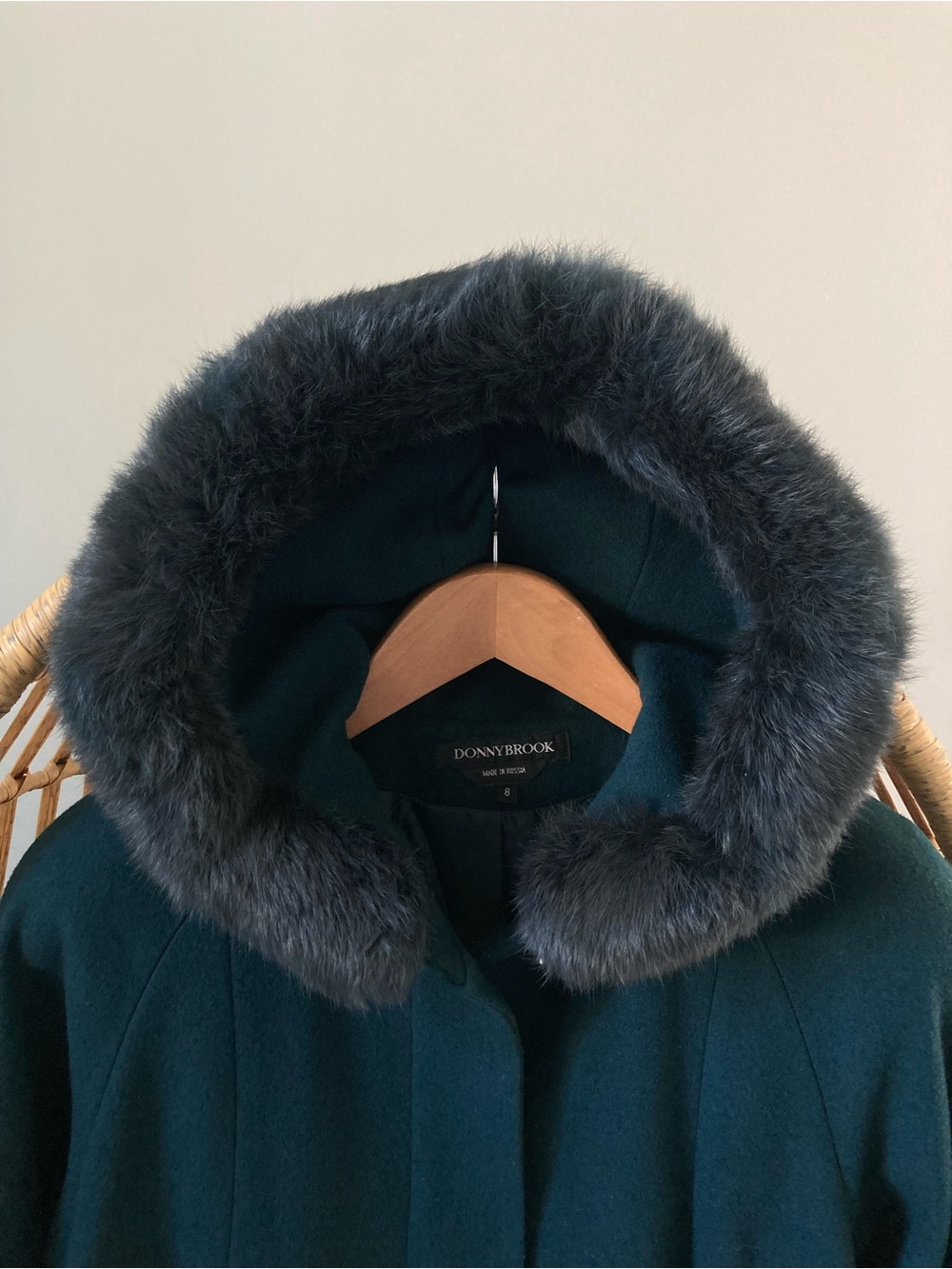 Vintage Donnybrook 100% Wool Teal Rabbit Fur Hooded Long Winter Coat - Picture 7 of 14